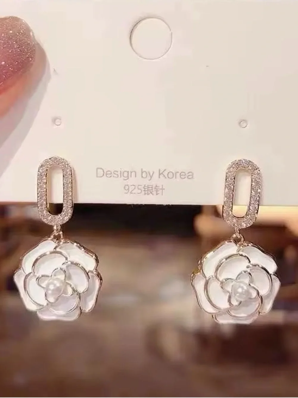 ***Elegant Gold White Enamel Flower Drop Earrings with Crystal Accents
